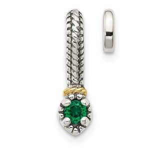 925 Sterling Silver Antiqued w 14k Accent Created Green Emerald Chain Slide